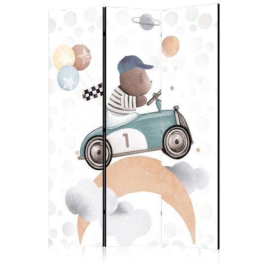 Paravent - Galactic Races - Bear Participating in Car Races Among Planets - Clouds - and Stars in Pastel Hues Artgeist