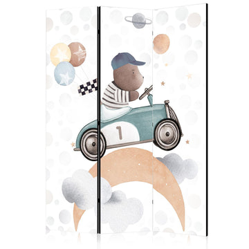 Paravent - Galactic Races - Bear Participating in Car Races Among Planets - Clouds - and Stars in Pastel Hues Artgeist