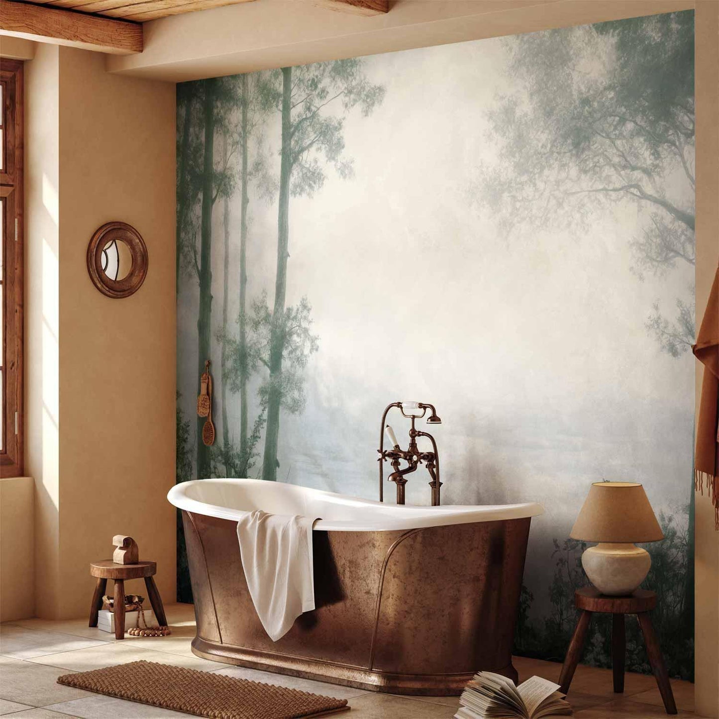 Fototapete - Retro Landscape - Grove Trees and Pond in Patinated Shades of Green