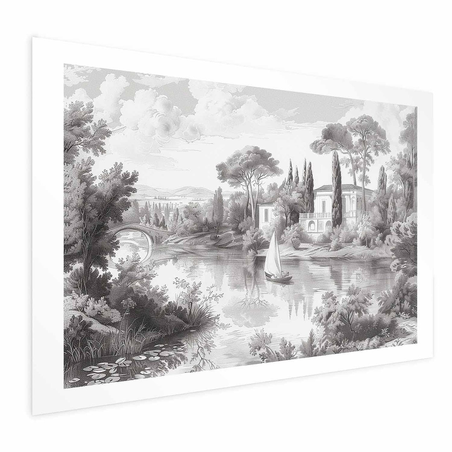Poster - Black-and-White Vintage Landscape with a Pond Artgeist