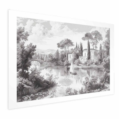 Poster - Black-and-White Vintage Landscape with a Pond Artgeist