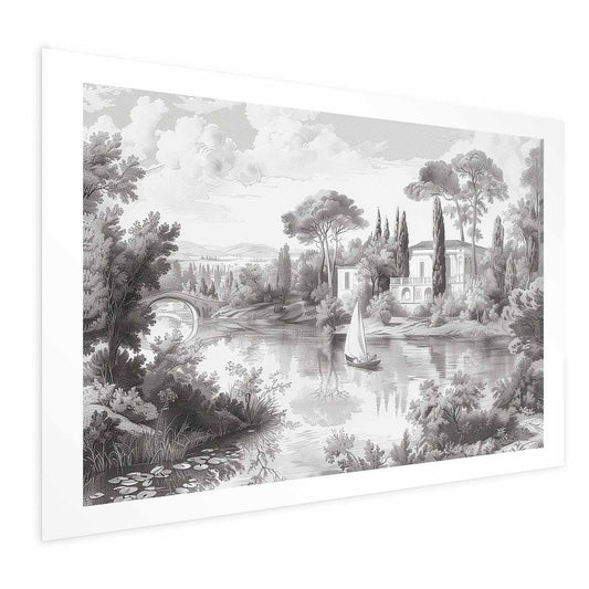 Poster - Black-and-White Vintage Landscape with a Pond Artgeist