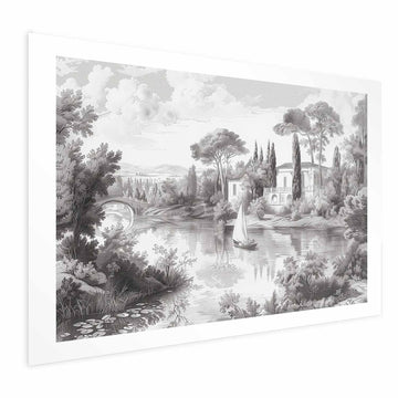 Poster - Black-and-White Vintage Landscape with a Pond Artgeist