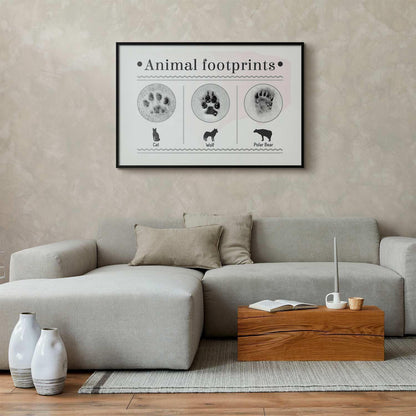 Poster featuring animal paw prints in a living room setting.