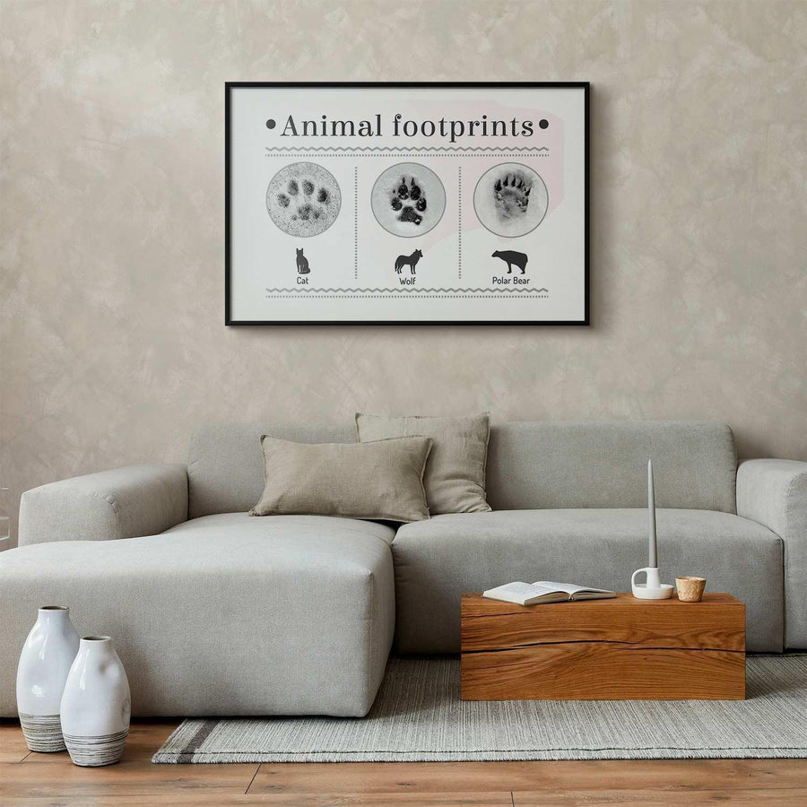 Poster featuring animal paw prints in a living room setting.