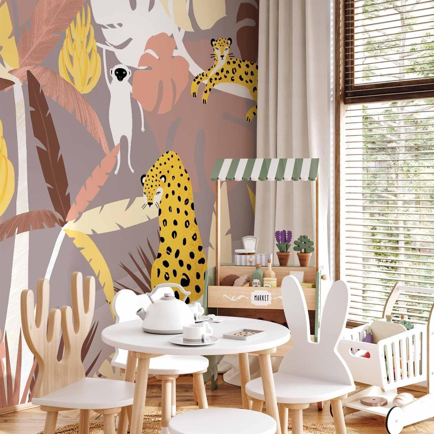 Fototapete - Cheetahs in the jungle - landscape with exotic animals with palm trees for children