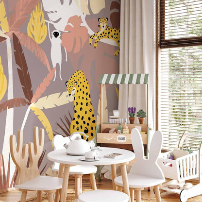 Fototapete - Cheetahs in the jungle - landscape with exotic animals with palm trees for children