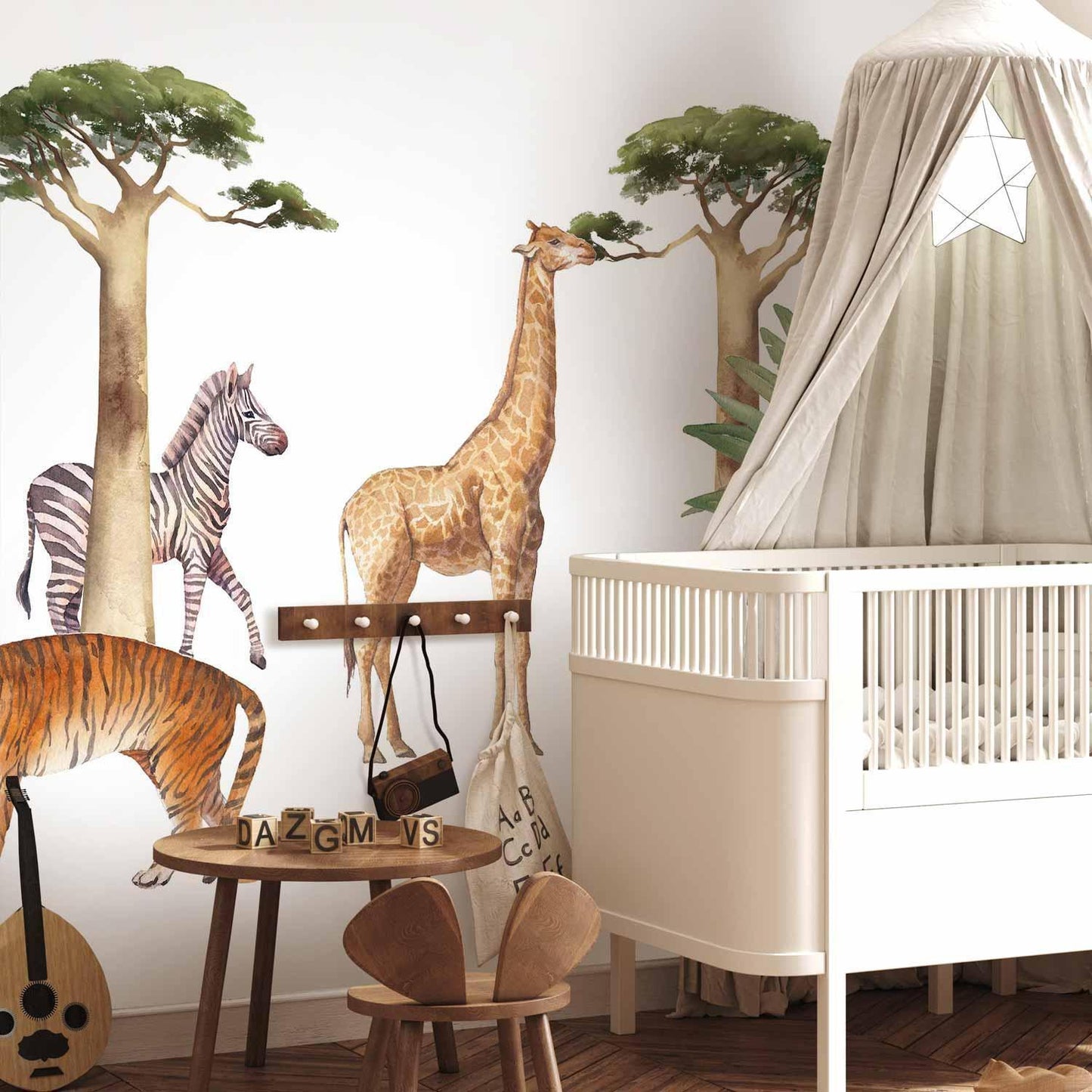 Fototapete - Jungle Animals on White Background Made With Watercolour Technique