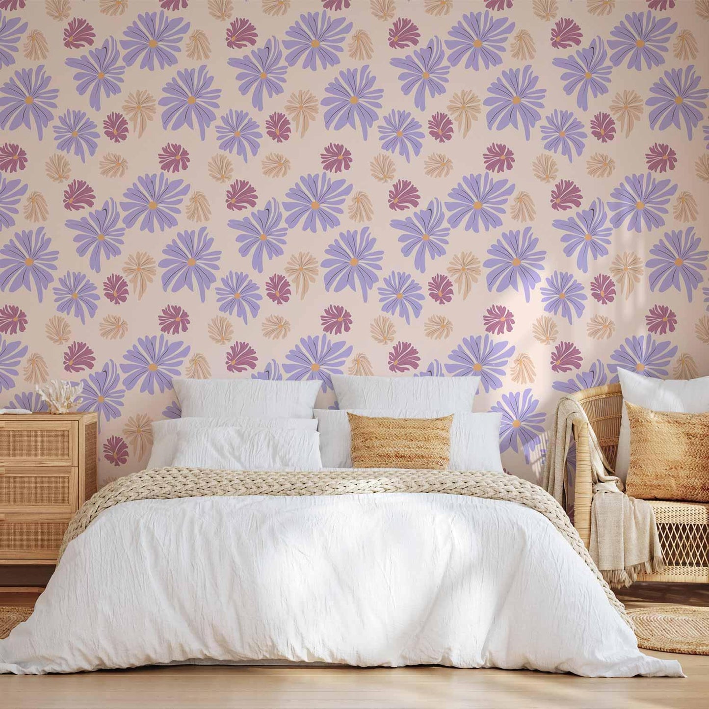 Tapete - Floating Flowers - Tiny - wind-borne flowers in three colors - on a light background