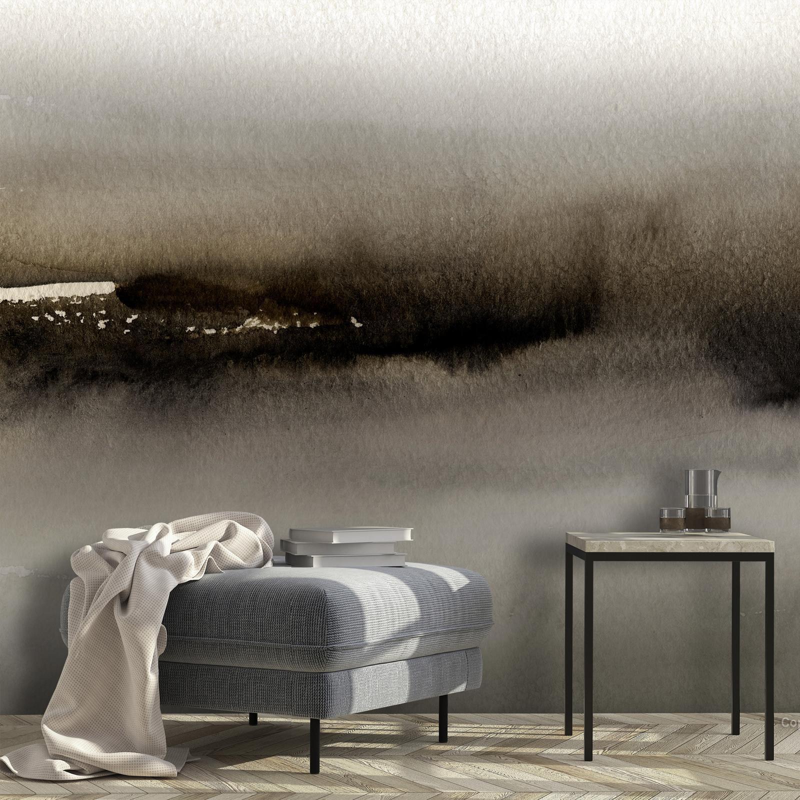 Fototapete Diuna im Wohnzimmer - Moderne Kunstwirkung durch abstraktes Gemälde-Design in eleganten Grautönen