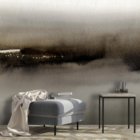 Fototapete Diuna im Wohnzimmer - Moderne Kunstwirkung durch abstraktes Gemälde-Design in eleganten Grautönen