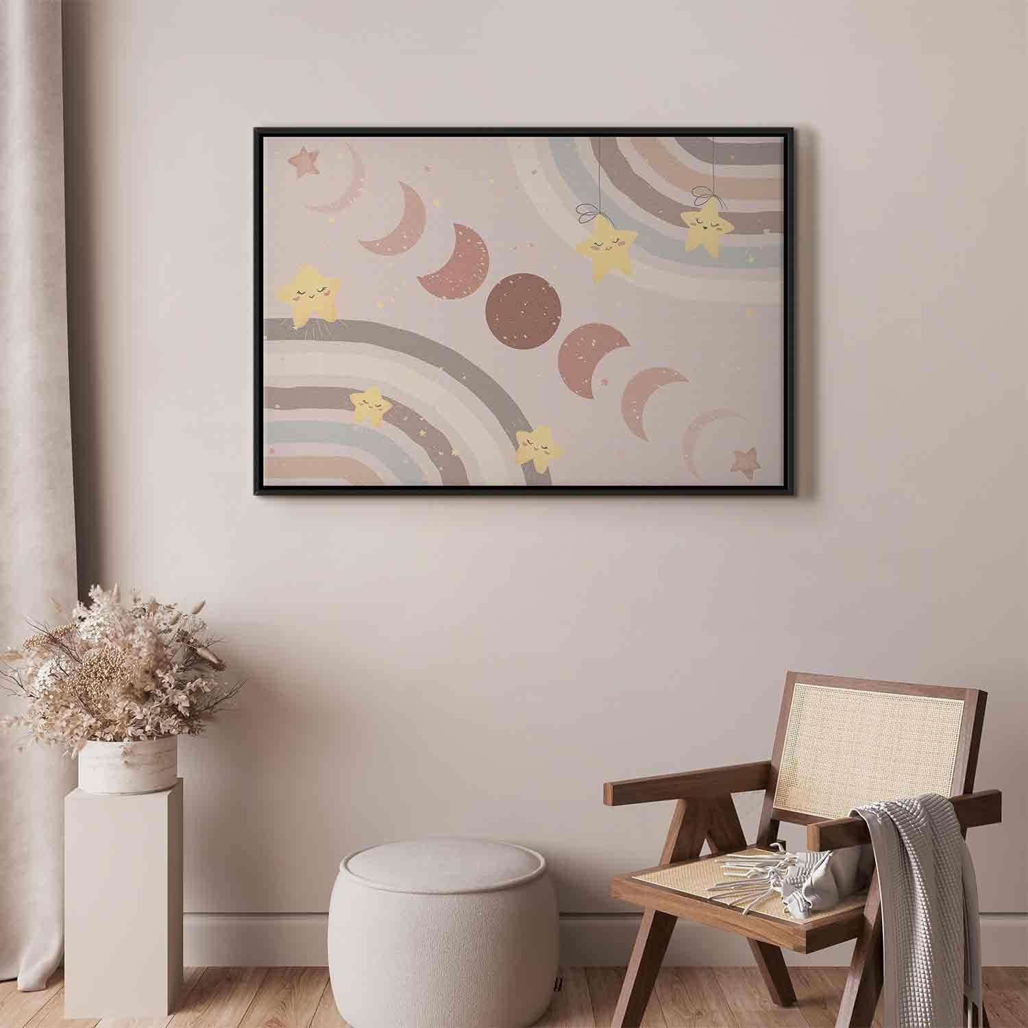 Leinwandbild - Joyful Sky - Yellow Cheerful Stars with a Rainbow Against the Phases of the Moon in a Light Beige Sky Hue Artgeist