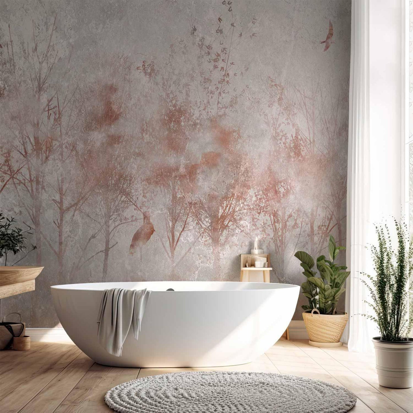 Fototapete - Autumn landscape - abstract with trees and birds on a textured background