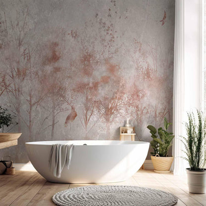 Fototapete - Autumn landscape - abstract with trees and birds on a textured background