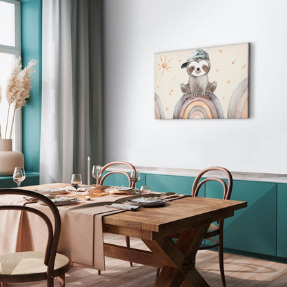 Leinwandbild - Happy Sloth - Sloth in Subdued Colors Wearing a Cap Sitting on a Rainbow Among Little Stars