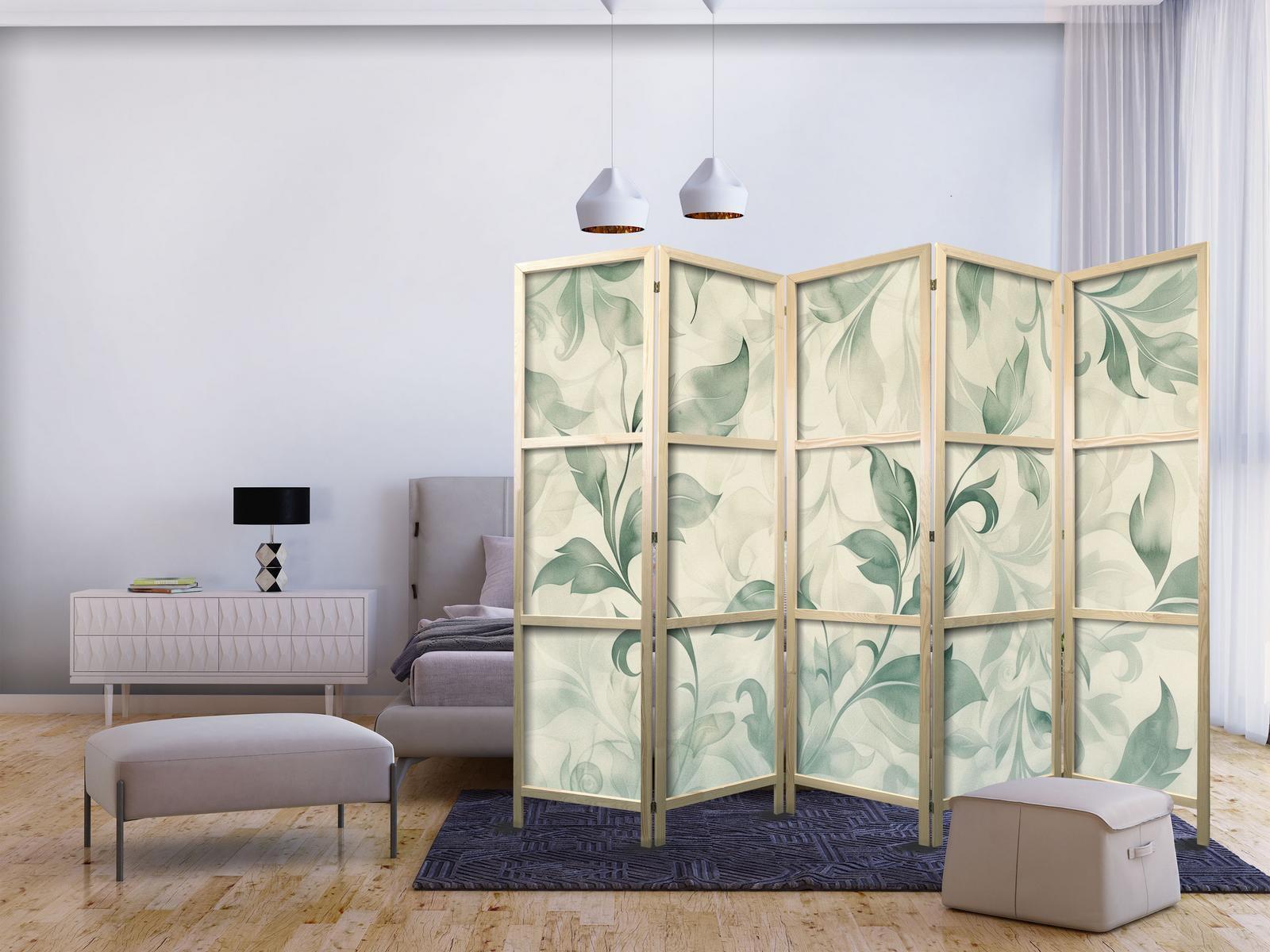 Japanischer Paravent - Watercolor Botanical Motif - Delicate Green-Beige Leaves Artgeist