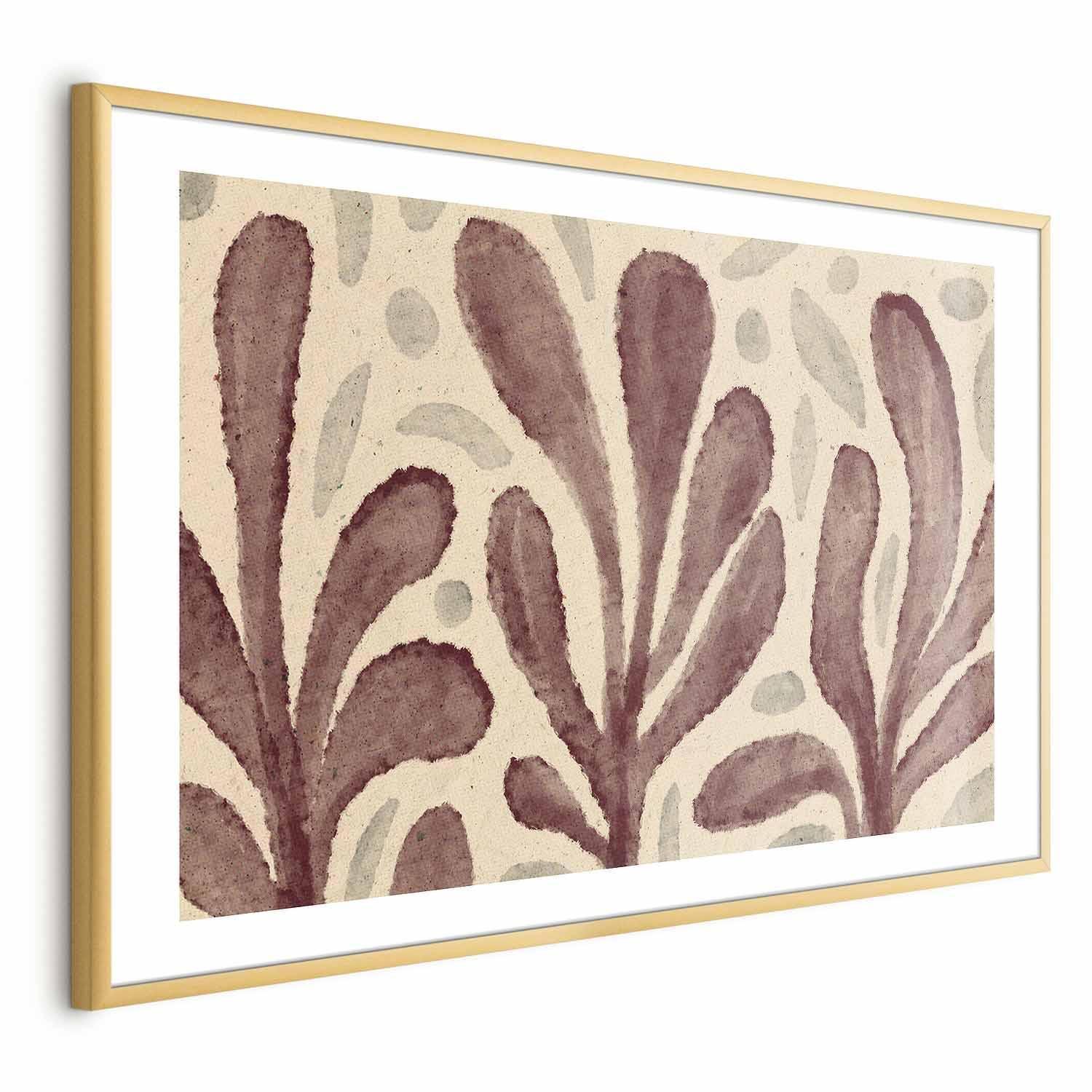 Poster featuring large trembling leaf shapes inspired by Matisse with gold frame.