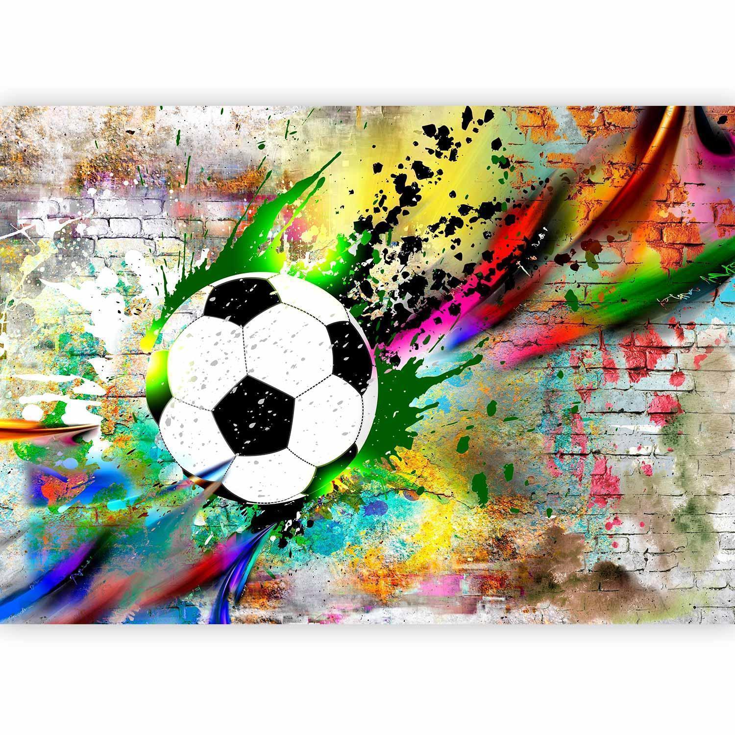 Fototapete mit Fußball-Motiv auf Ziegelhintergrund

