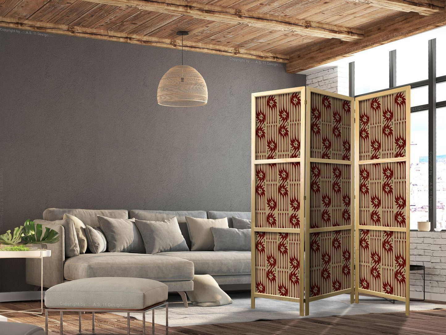 Japanischer Paravent - Predatory Streaks - Red Abstract Shapes Inspired by Tribal