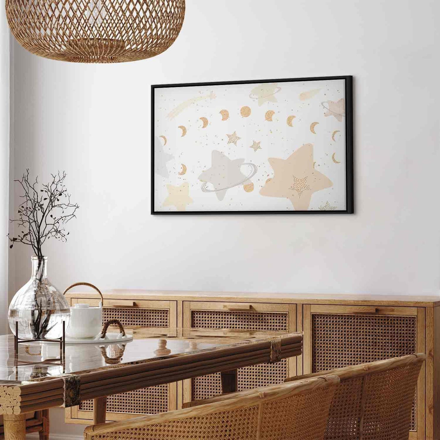 Leinwandbild - Fairy-Tale Galaxy - Phases of the Moon in Yellow Tones Among Stars in Beige and Ash Colors with Stardust