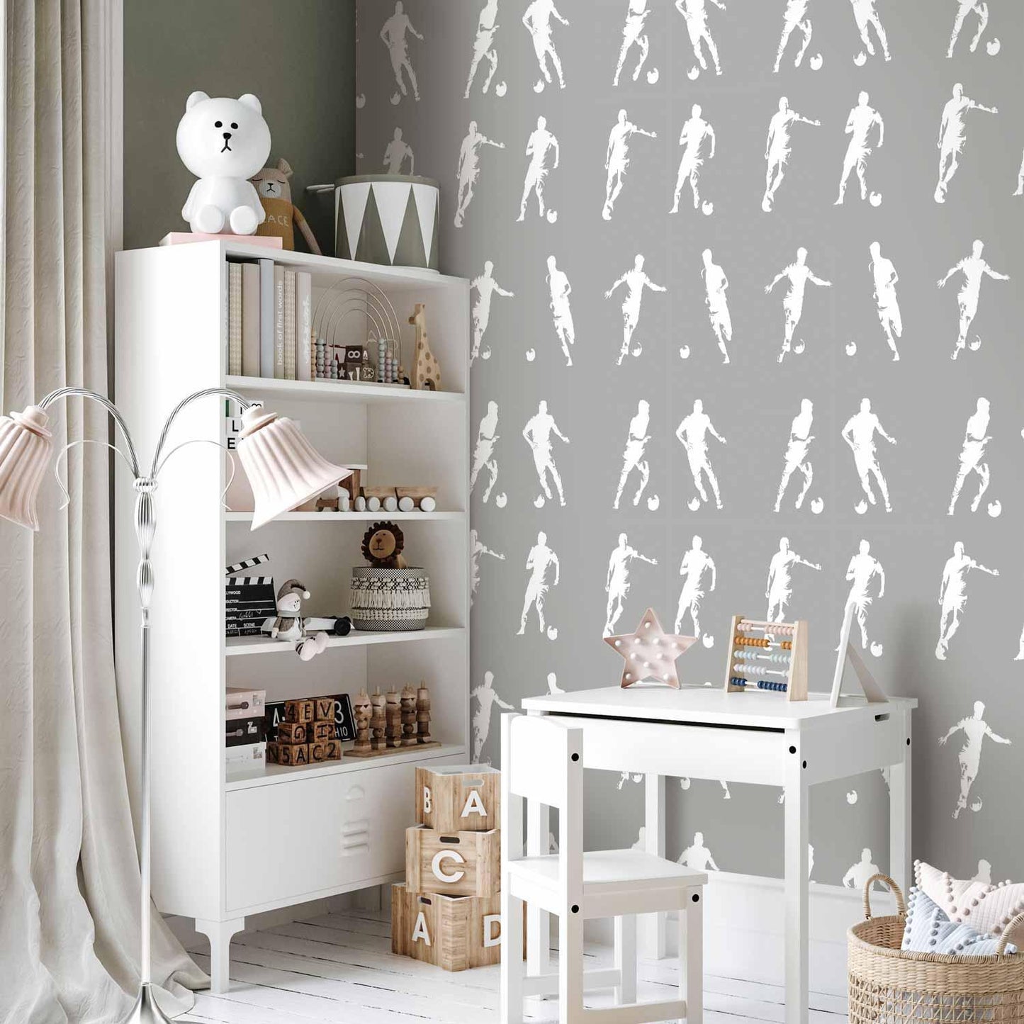 Tapete - Sports Silhouettes - Dynamic figures of soccer players on a gray background