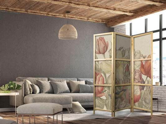 Japanischer Paravent - Bouquet with Tulips - Colorful Flowers on a Light Background - Illustration