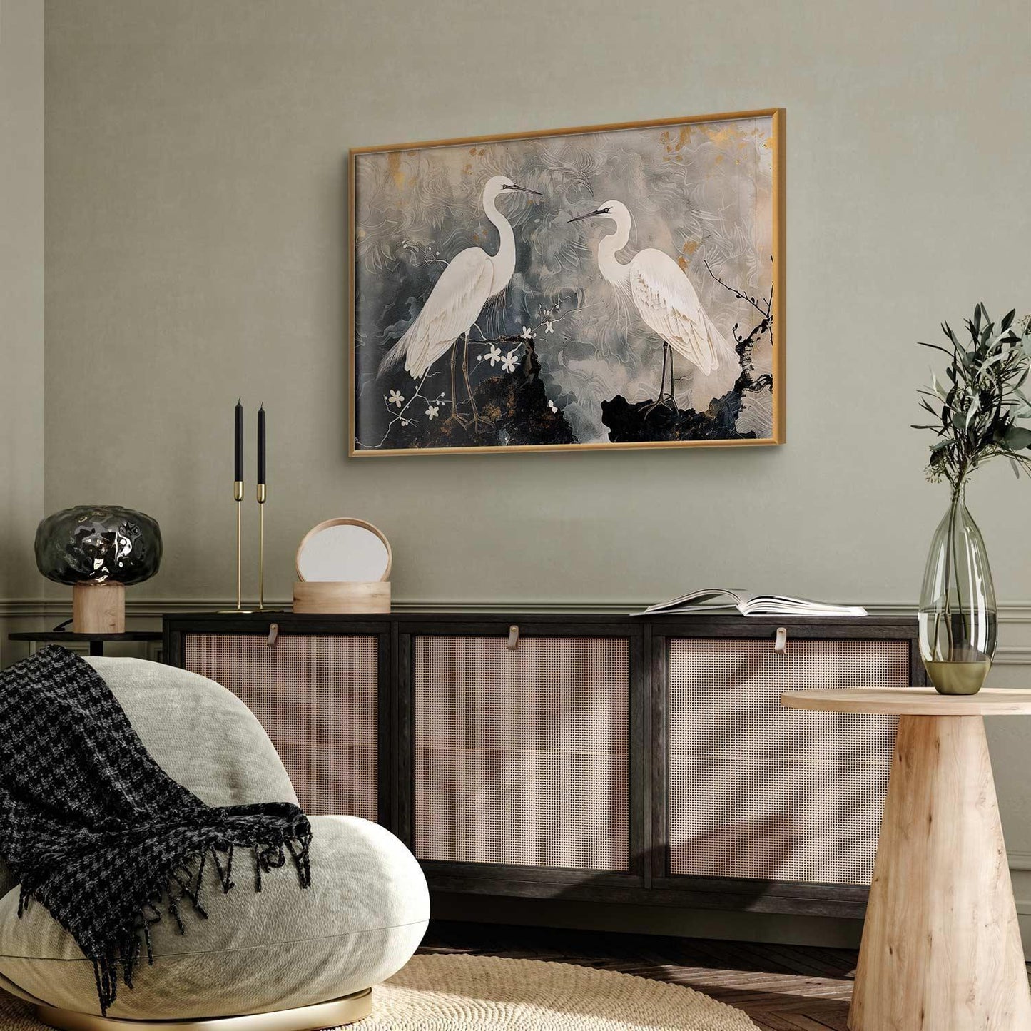 Poster - Herons and Cherry Blossom - oriental-style illustration depicting birds Artgeist