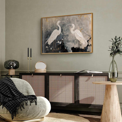 Poster - Herons and Cherry Blossom - oriental-style illustration depicting birds Artgeist