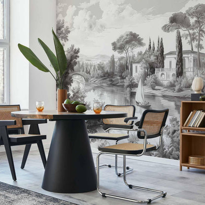 Fototapete - Black and White Vintage Landscape Retro View of a Pond with a Boat