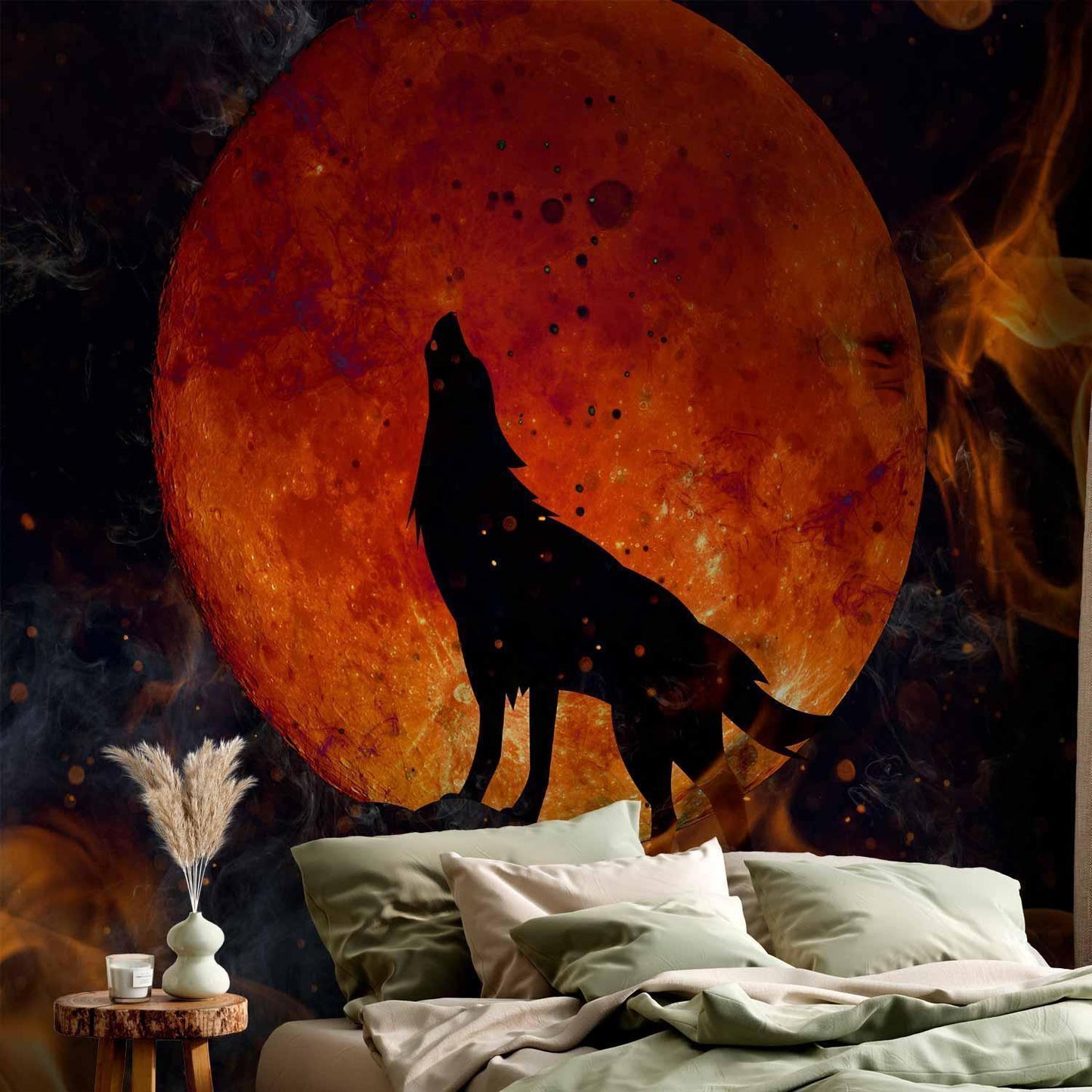 Fototapete - Wild nature - wolf on a background of a red moon in flames of fire