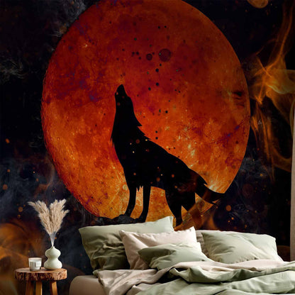 Fototapete - Wild nature - wolf on a background of a red moon in flames of fire