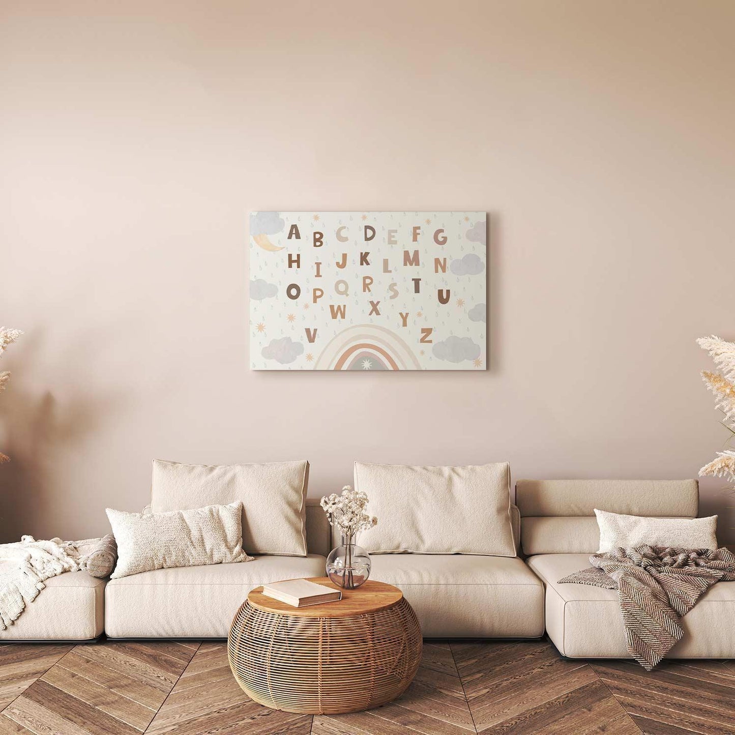 Leinwandbild - Letters Above the Rainbow - Letters Among Streams of Rain and Clouds with a Rainbow Moon and Stars on a Light Background