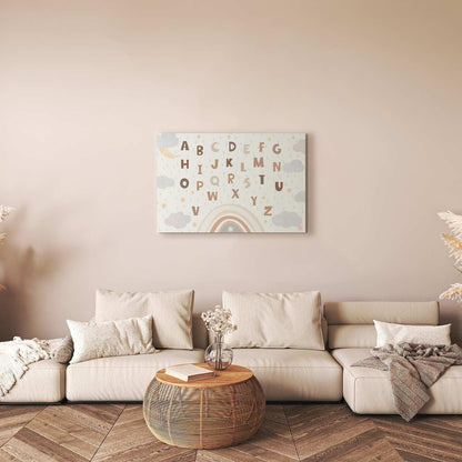 Leinwandbild - Letters Above the Rainbow - Letters Among Streams of Rain and Clouds with a Rainbow Moon and Stars on a Light Background