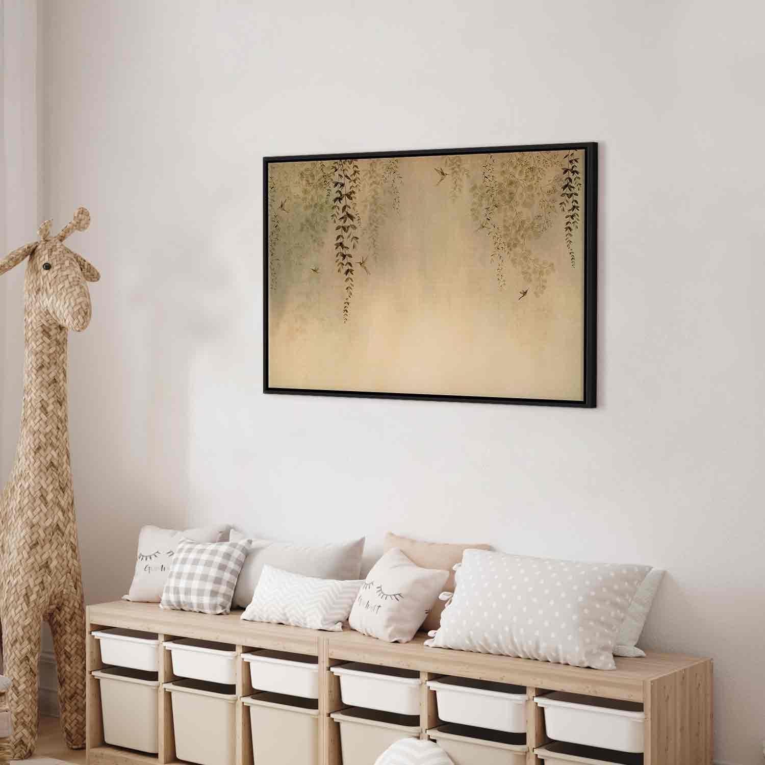Leinwandbild - Spring Orchard - Hummingbirds Among Tree Branches in Beige Shades Artgeist