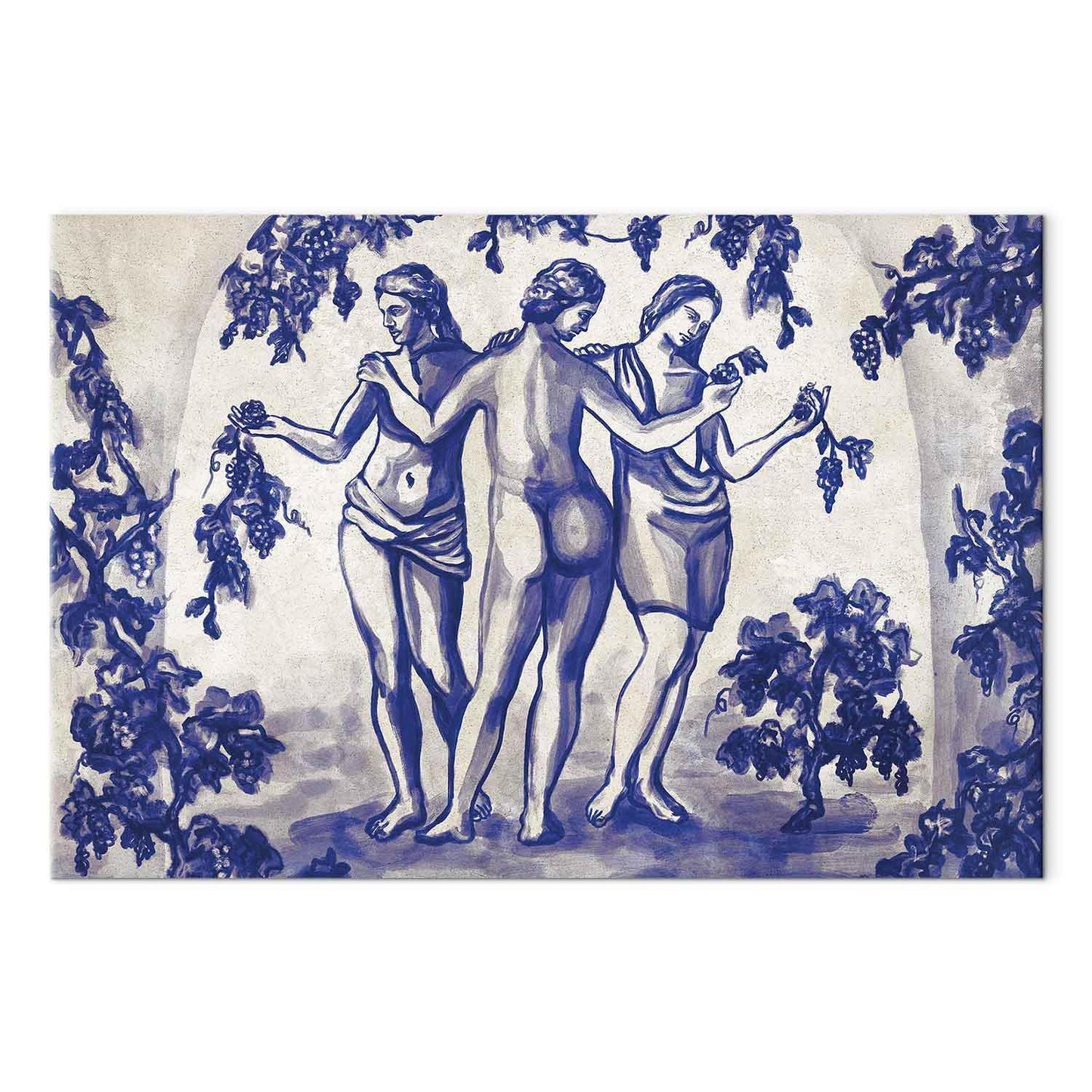 Leinwandbild - Ancient vineyard - three women in a portal painted with blue ink