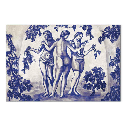 Leinwandbild - Ancient vineyard - three women in a portal painted with blue ink