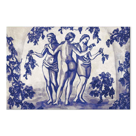 Leinwandbild - Ancient vineyard - three women in a portal painted with blue ink