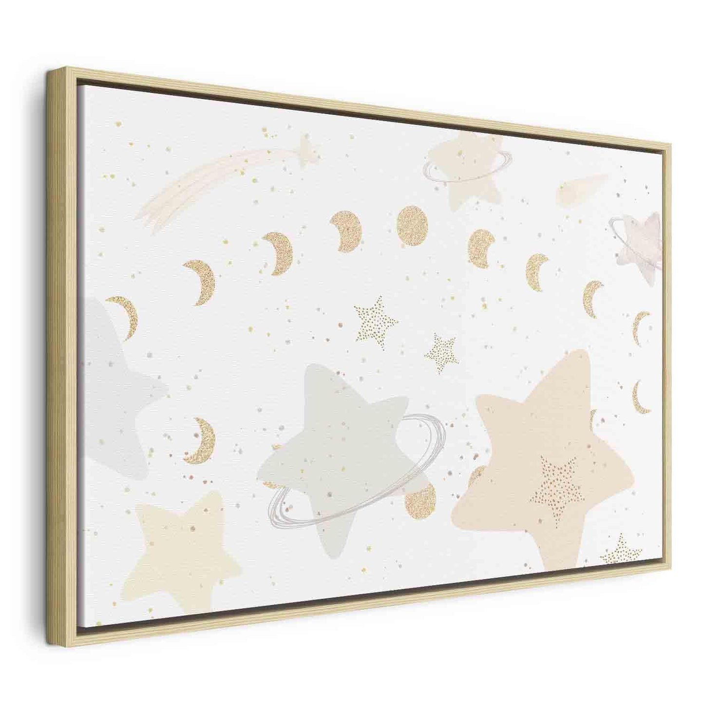 Leinwandbild - Fairy-Tale Galaxy - Phases of the Moon in Yellow Tones Among Stars in Beige and Ash Colors with Stardust