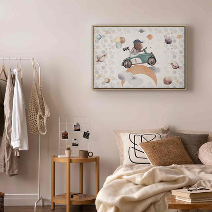 Leinwandbild - Galactic Races - A Bear Participating in Car Races Among Planets Clouds and Stars in Pastel Hues