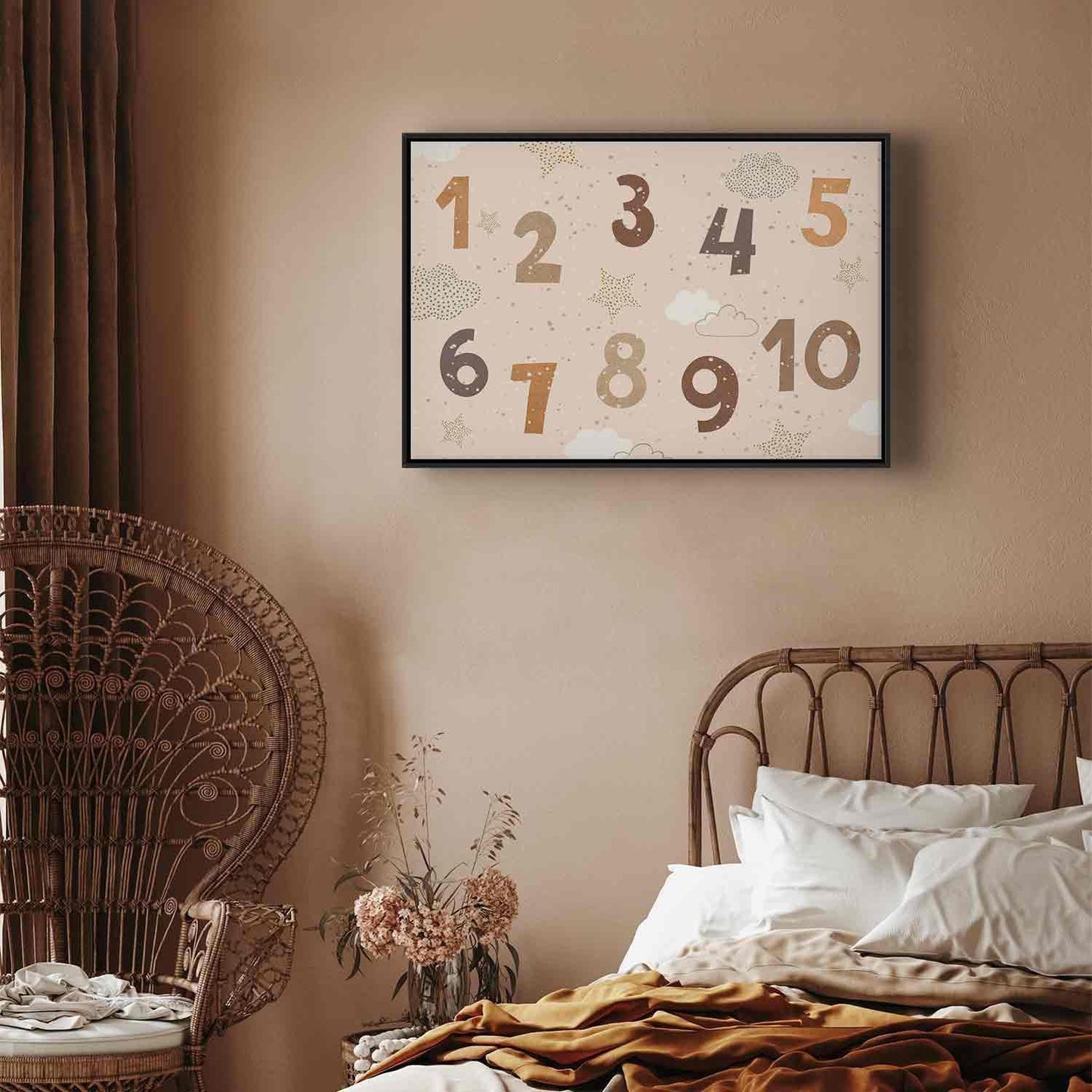 Leinwandbild - Jumping Numbers - Numbers in a Subdued Beige-Brown Hue Among Snowflakes Stars and Clouds Artgeist