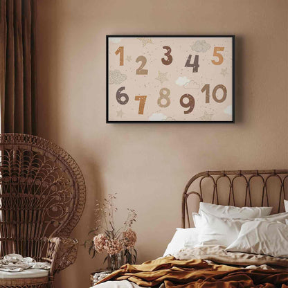 Leinwandbild - Jumping Numbers - Numbers in a Subdued Beige-Brown Hue Among Snowflakes Stars and Clouds Artgeist