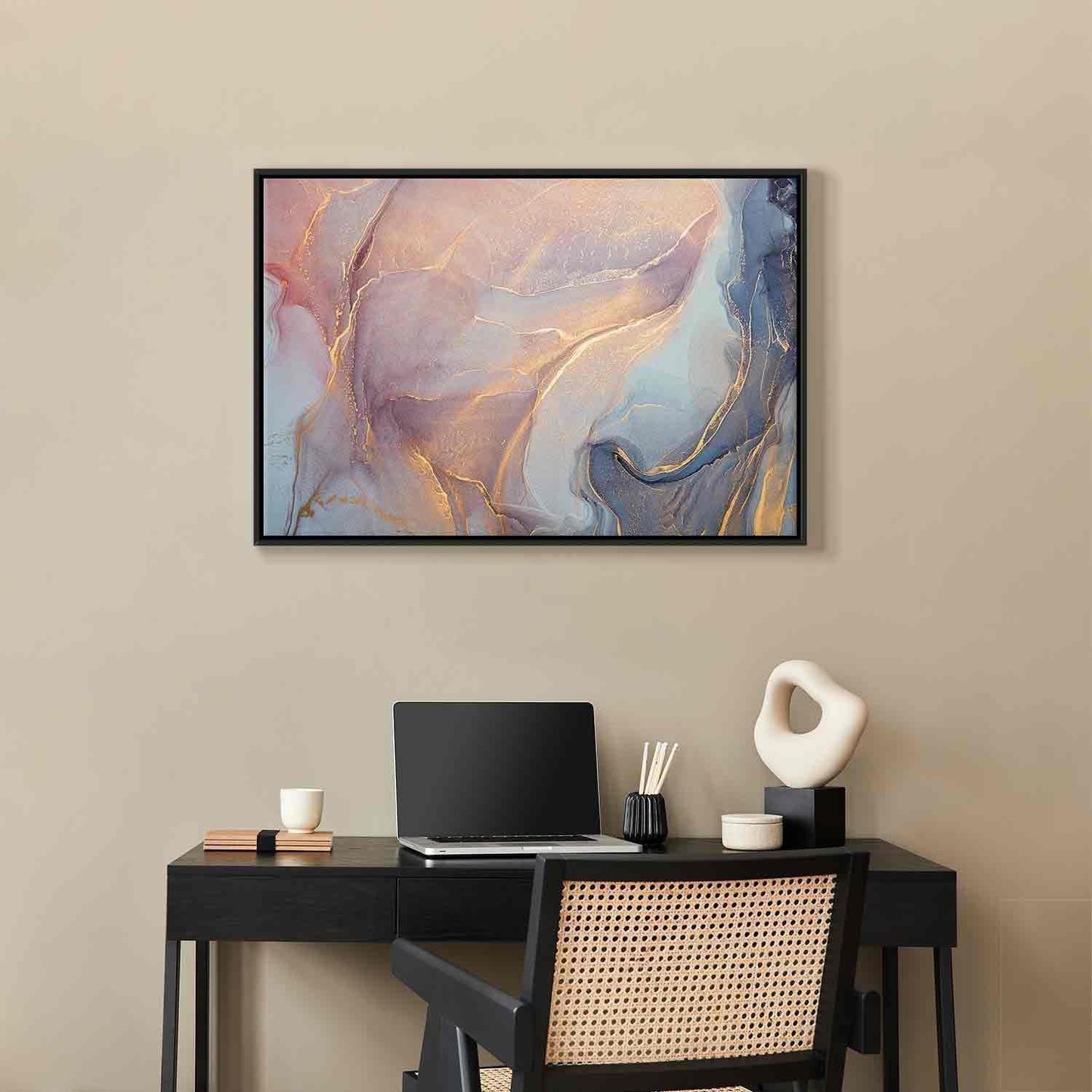 Leinwandbild - Pink and blue marble - abstract watercolour with gold accents
