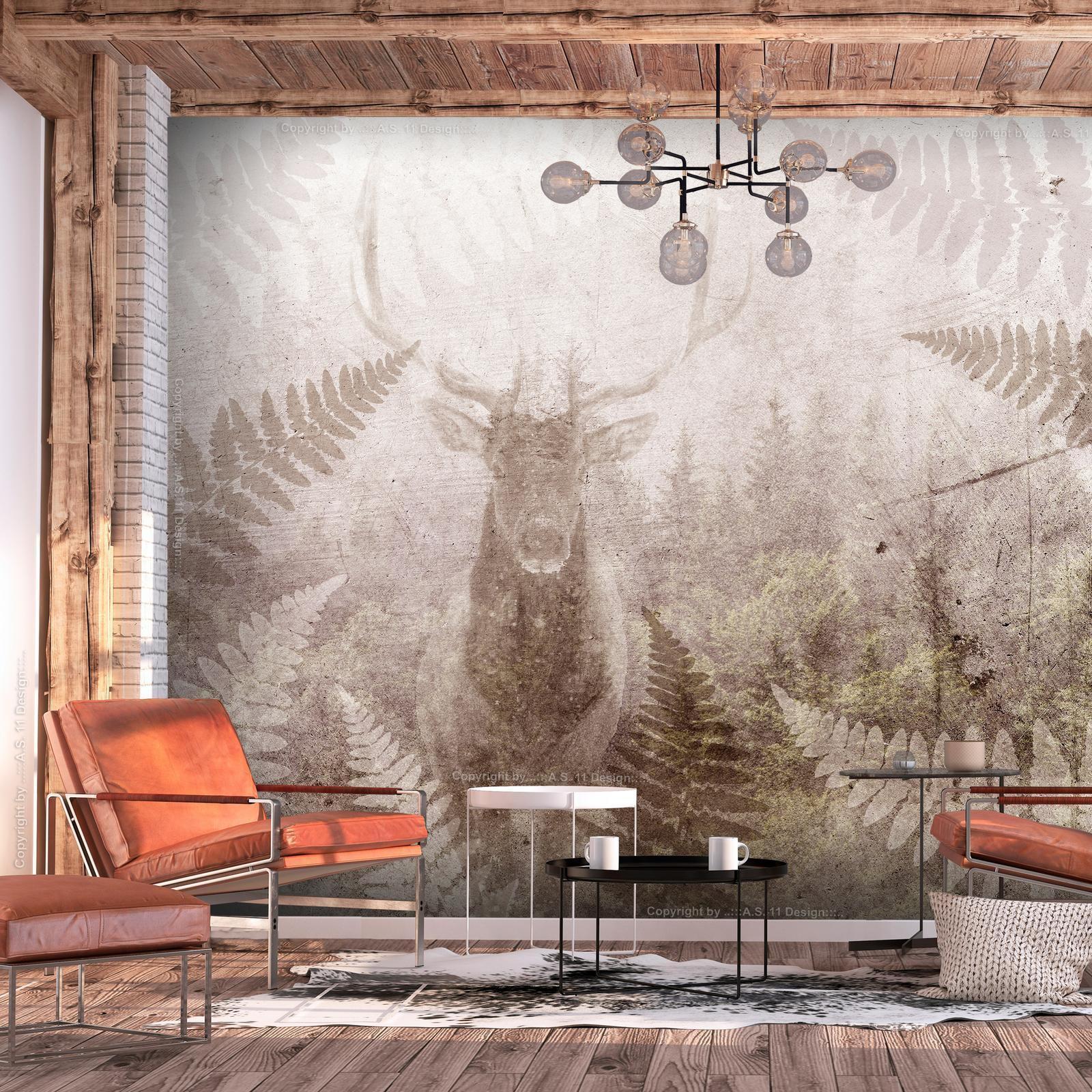 Fototapete - Majestätischer Hirsch im Wald – Naturmotiv mit Farnblättern auf Betonoptik Artgeist