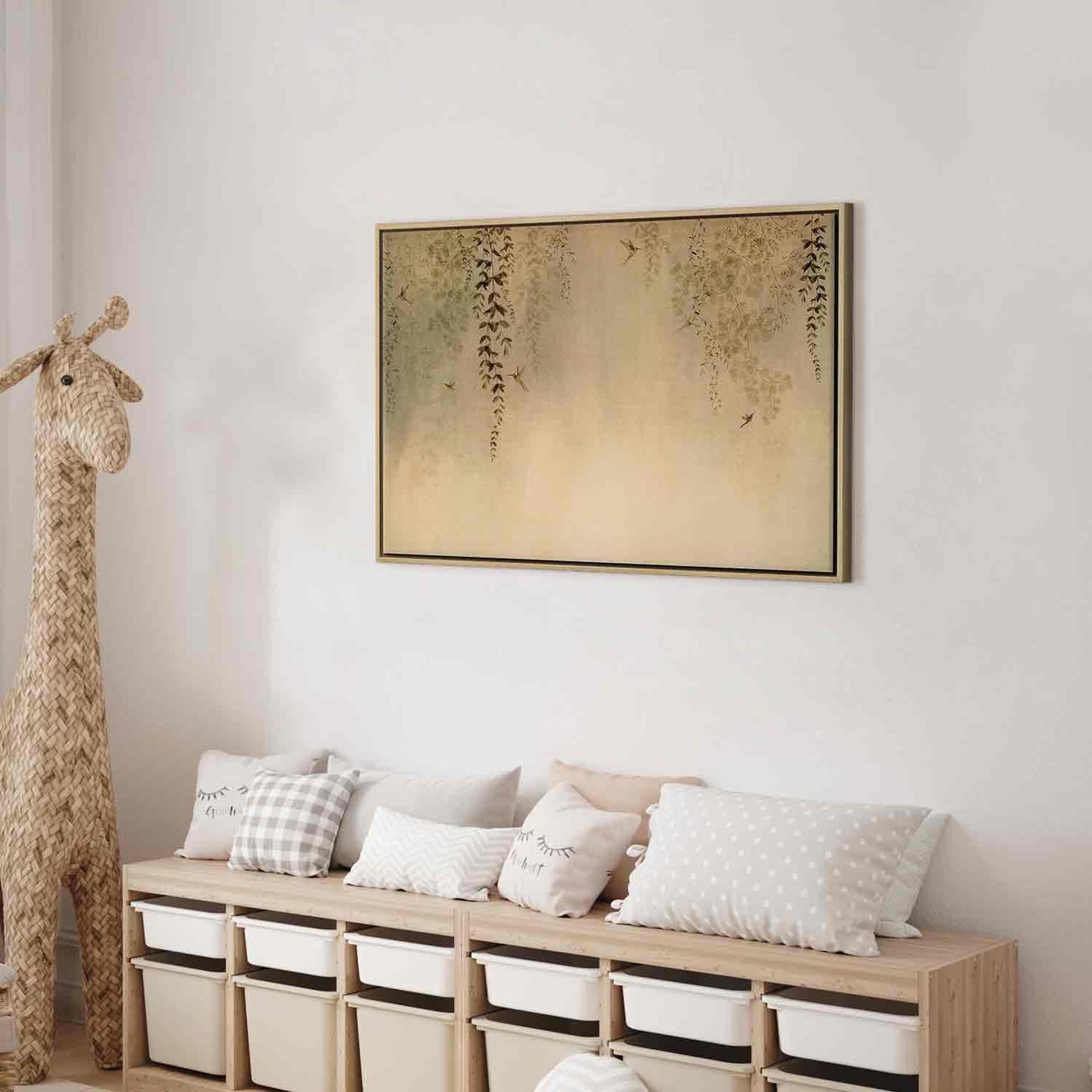 Leinwandbild - Spring Orchard - Hummingbirds Among Tree Branches in Beige Shades