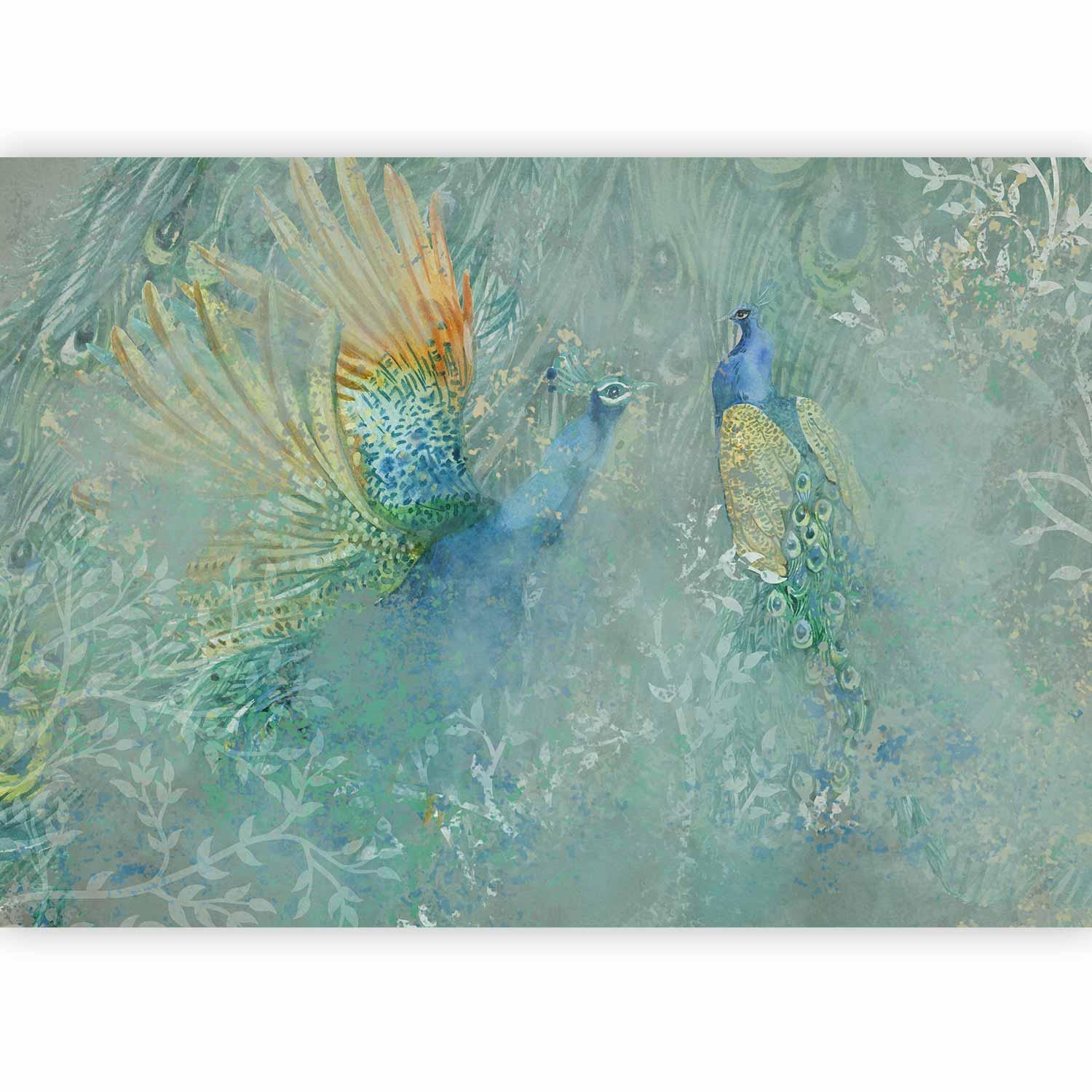 Fototapete „Peacocks Dancing“ – Majestätische Pfauen im eleganten Tanz Artgeist