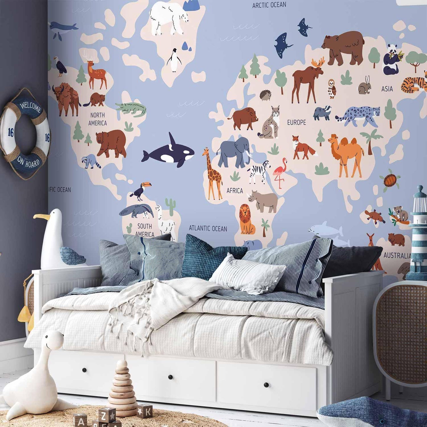 Fototapete - World Map With Animal Illustrations