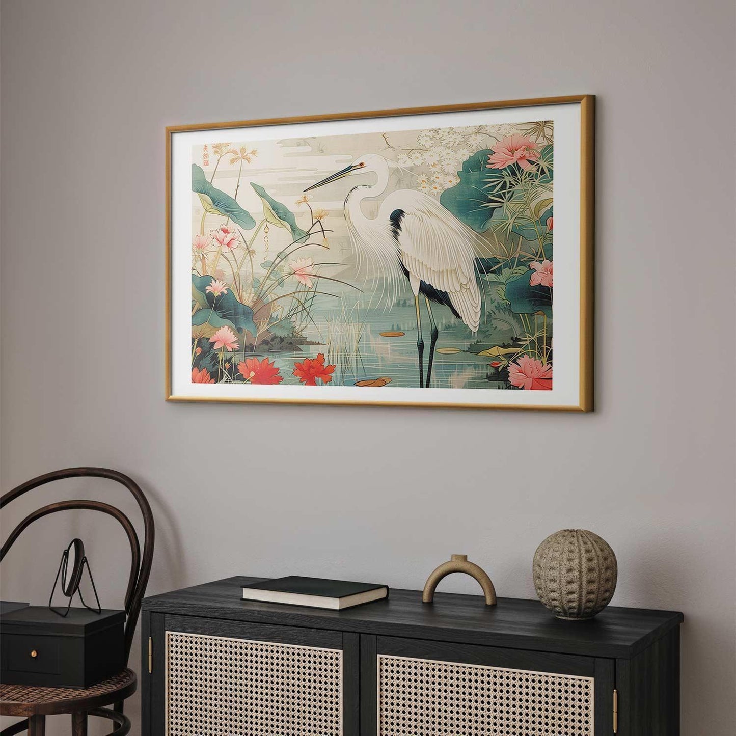 Poster - Over the Asian Pond - illustration in the Japanese print style featuring a heron Artgeist