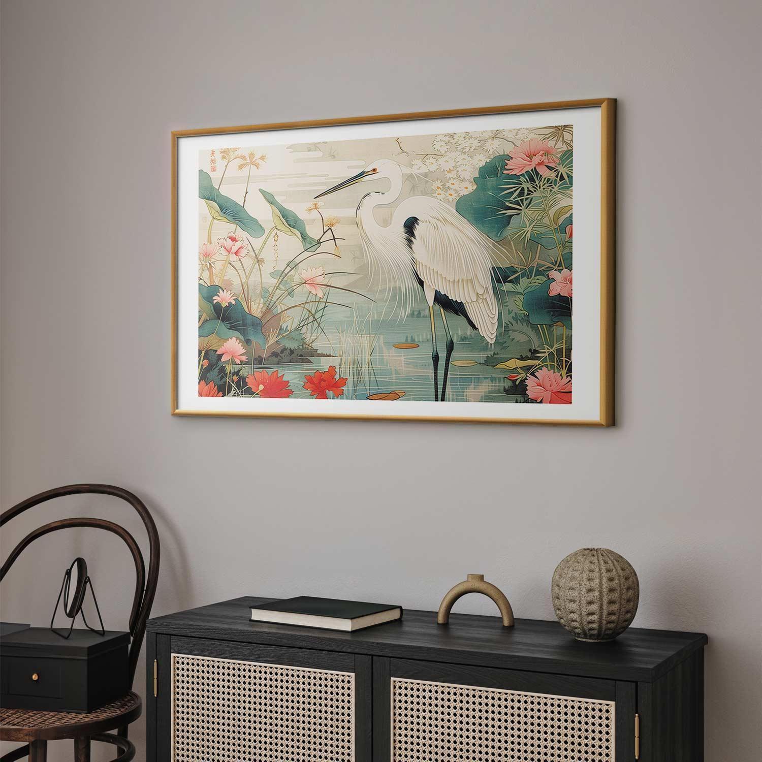 Poster - Over the Asian Pond - illustration in the Japanese print style featuring a heron Artgeist