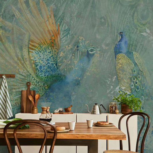 Fototapete „Peacocks Dancing“ – Majestätische Pfauen im eleganten Tanz Artgeist