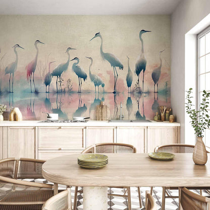 Fototapete - Birds by the lake - herons painted in watercolour in delicate grey and pink colours